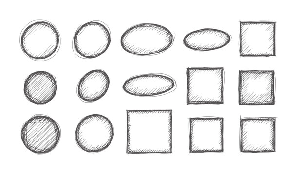 Collection of hand drawn sketchy circles ovals and squares with hatching