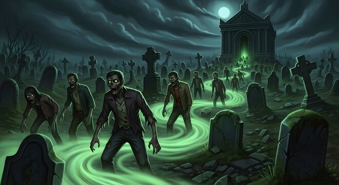 Zombies walking through a graveyard at night with glowing green mist