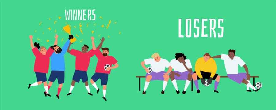 two soccer football  teams winners with trophy cup  and losers vector illustration