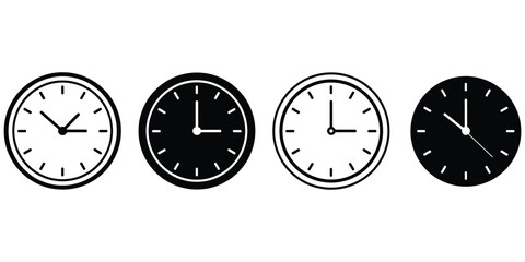 Fototapeta premium Four black circular clock icons displaying various times set against a transparent background surface grid