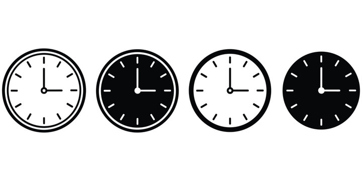 Set of four simple black clock icons showing three o clock time isolated on a transparent background set