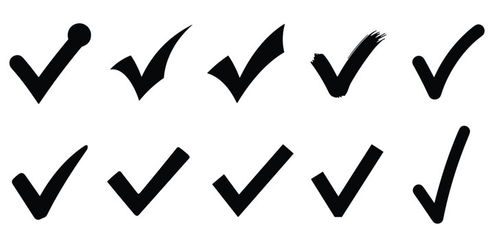 Set of black check mark icons isolated on transparent background for check boxes and tick lists