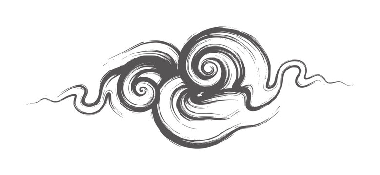 Dark grey swirling brush strokes forming abstract cloud shapes charcoal