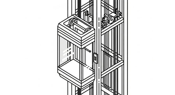Modern glass elevator shaft with visible mechanics and cabin.