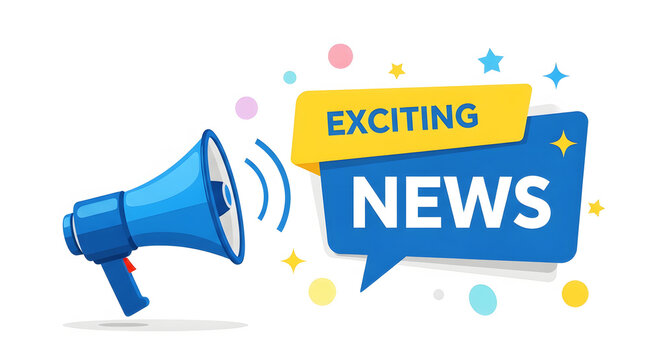 Blue megaphone announcing exciting news with colorful confetti and stars announcement