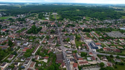 Obraz premium Panoramic aerial view around the old town of the city Brienne-le-Château in France on a sunny spring day
