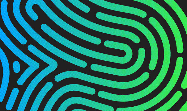 Abstract seamless biometric fingerprint pattern with blue and green neon lines on a black background