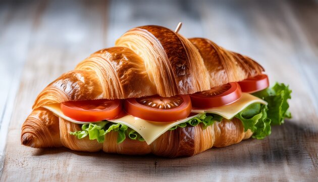 a freshly made croissant sandwich filled with tomato cheese and lettuce
