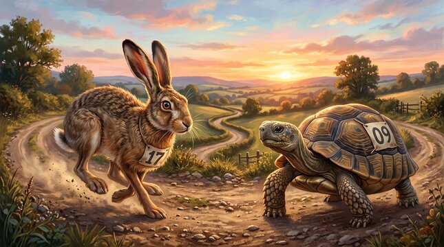 Action-Packed Race, Rabbit vs. Tortoise, Scenic Countryside, Illustration, Sunset, Dynamic Viewpoint, Timeless Fable