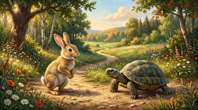 Rabbit Meets Turtle on Path in Peaceful Landscape Illustration