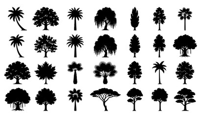 Botanical tree silhouette collection with broadleaf foliage and palm trees isolated on white background © abdul