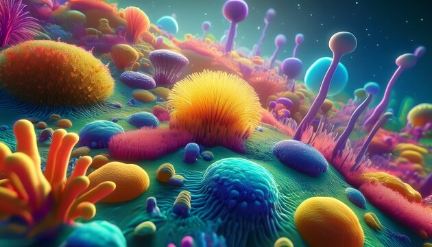 vibrant 3d rendering of a microscopic microbiome landscape with colorful microbial colonies