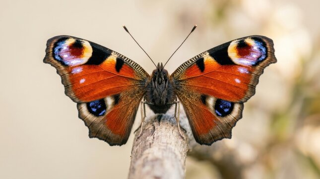 Vibrant European Peacock Butterfly (Aglais io) with striking eye-spots and colorful open wings, perched delicately on a textured branch in a stunning close-up shot of nature.