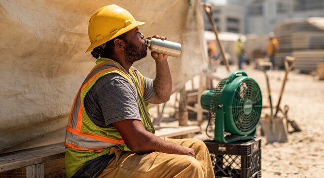 Construction worker and laborer drinking water by a fan at a hot job site for man