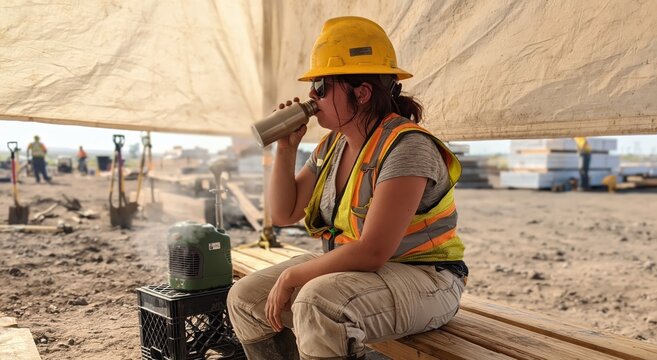 Construction worker woman in safety vest taking a water break on a building site