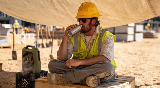 Construction worker taking a rest break on a job site sitting on a wooden pallet