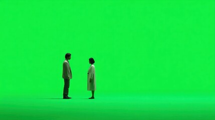 Fototapeta premium Two figures, light-colored clothing, facing each other against a solid green background