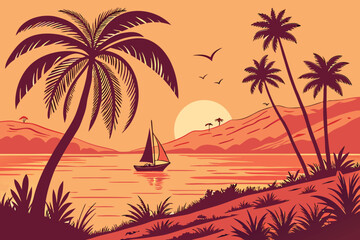 Fototapeta premium beautiful sunset landscape vector design with flying birds, palm trees in red and orange color