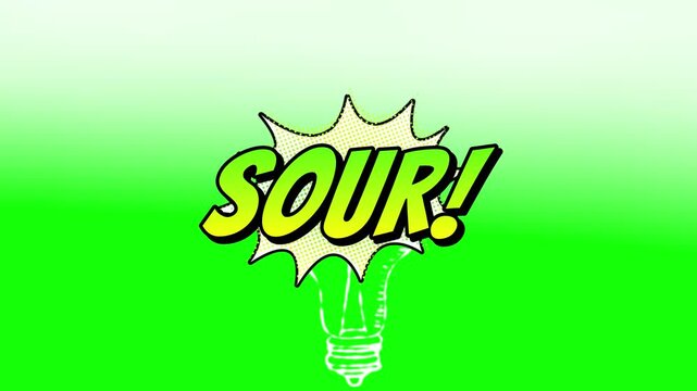 Sour word art appears in a vibrant comic book style bubble centered above a faint outline of a lightbulb against a bright green gradient backdrop that offers plenty of room for creative design usage.