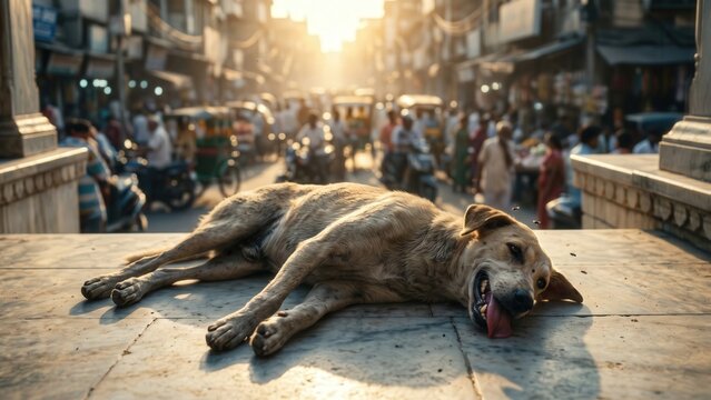 Panting Stray Dog On Cool Steps &mdash; Summer Heat