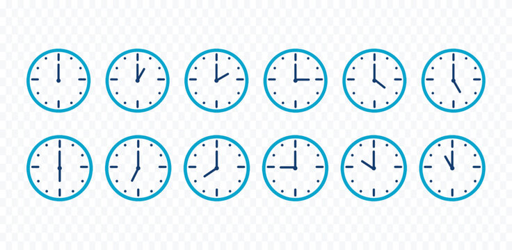 Time Clock Icon Vector Round Watch Dial with Hour and Minute Hands, Stopwatch
Flat Evening, morning, and noon time Symbol Illustration set