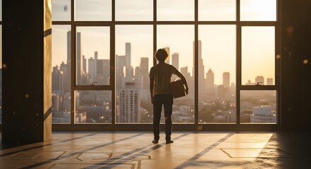 Fototapeta premium Silhouette of a person with a box gazing at a cityscape through large windows