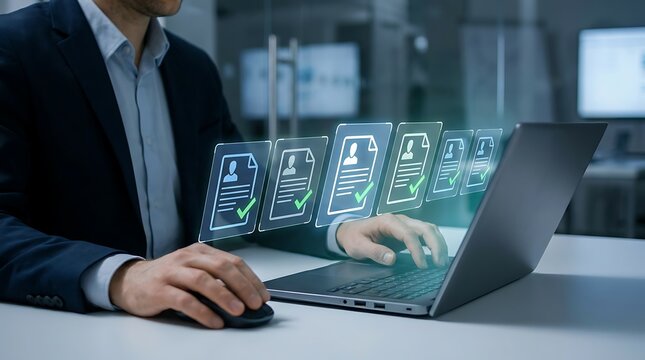 Businessman working on laptop with digital interface showing approved document icons, modern office setting, online application and data management.
