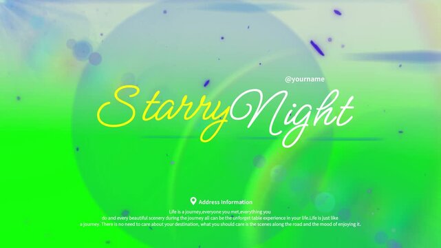 Digital overlay showing the text Starry Night in a stylish script font positioned over a gradient green background with lens flare effects and placeholder text for social media content branding.