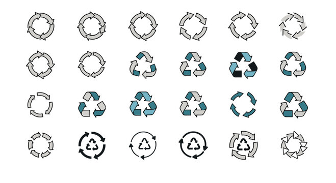 Set of different recycling symbols and arrow configurations for environmental awareness and global sustainability concepts.