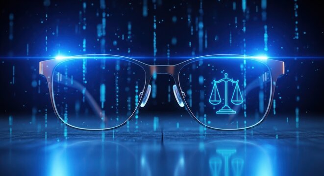 Conceptual eyeglasses with law icon representing justice and technology