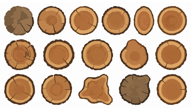 Tree Growth Rings Cross Section Vector Set with Natural Wood Texture and Tree Stump Slices Isolated on White Background