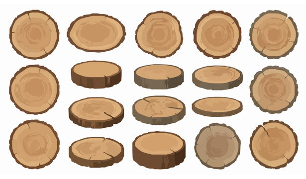 Natural Tree Stump Cross Section Collection with Wood Grain Rings and Cut Trunk Vector Elements