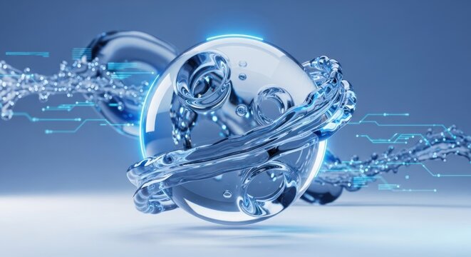 Abstract rendering of a sphere surrounded by flowing water against a blue backdrop