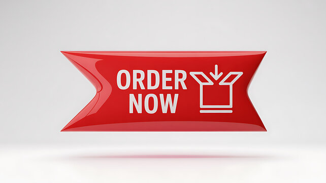 Red glossy ribbon banner with white text ORDERNOW and box icon