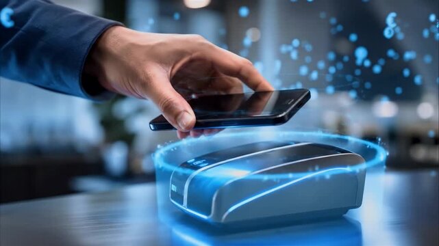 Futuristic Contactless Mobile Payment with Smartphone at a Digital Terminal featuring Holographic Euro Symbols