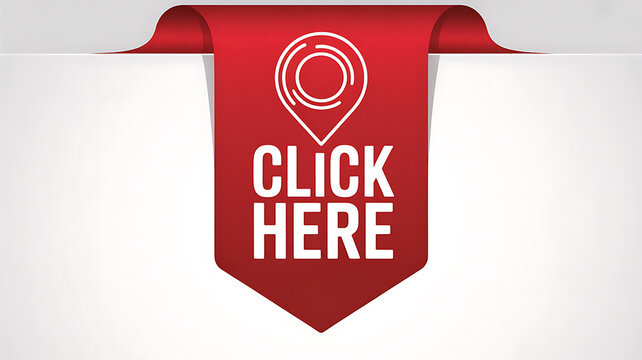 Red ribbon tag with white text CLICKHERE and location pin icon click here