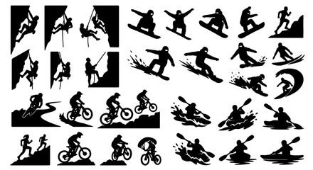 Extreme Sports Silhouettes: Rock Climbing, Snowboarding, Mountain Biking, Kayaking Vector Icons Set © Abir