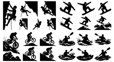 Extreme Sports Vector Icons: Rock Climbing, Snowboarding, Mountain Biking, Kayaking Silhouettes for Adventure Graphics © Abir