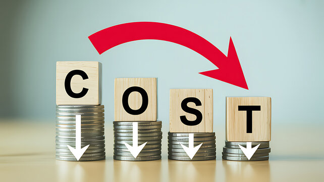 Wooden Blocks Spell COST Above Stacks of Coins with Downward Arrows cost reduction