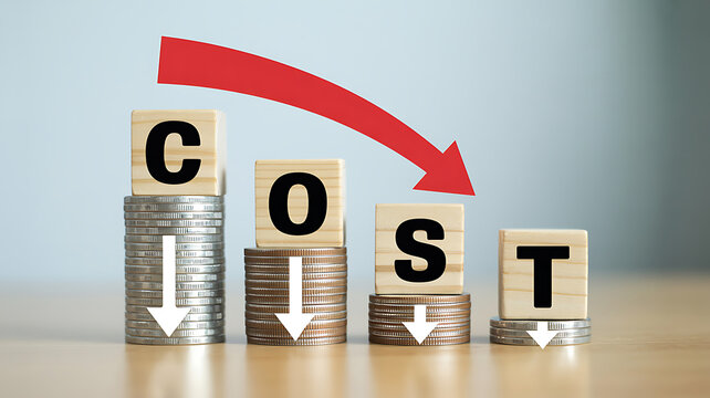 Wooden Blocks Spell COST Above Stacks of Coins with Downward Arrows cost reduction