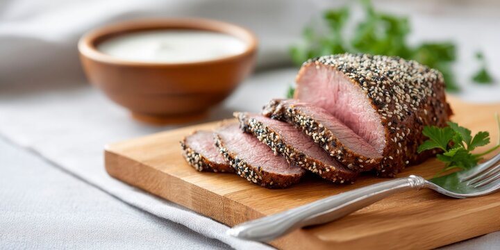 sliced circular beef with coat of sesame seeds, on wooden board, fork and knife beside it, dish of ranch dressing in the background