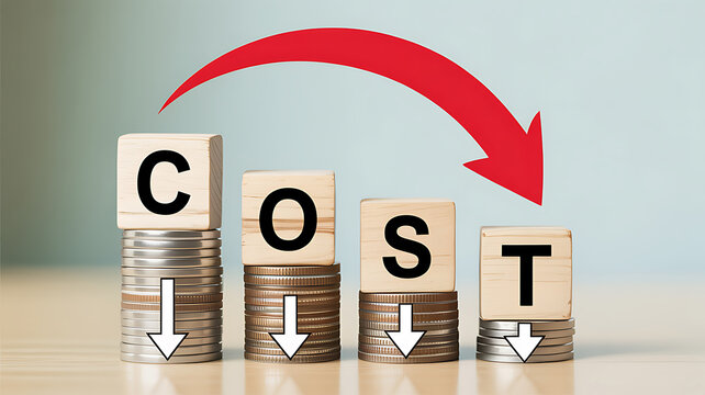 Wooden Blocks Spell COST Above Stacks of Coins with Downward Arrows cost reduction