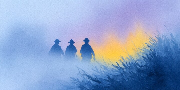three firefighter silhouettes in action, amidst smoke and flames. vibrant watercolor painting