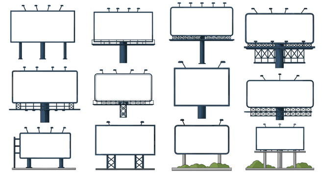 Set of blank outdoor billboards and advertising hoardings in various sizes and structures for commercial marketing display.