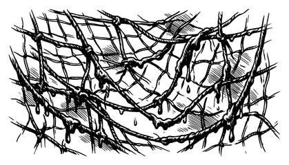 Detailed close-up of muddy and torn rope netting, gritty textured mesh for industrial or sports backdrop design © JakubVectorSketch