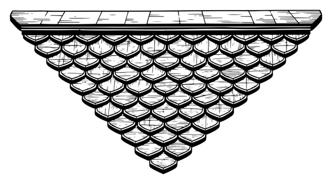 Architectural roof gable section with decorative fish-scale shingles, vintage engraved building detail for historical construction design