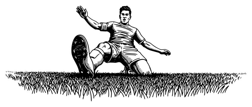Dynamic soccer player sliding on grass pitch, realistic hand-drawn athlete in action for football club branding