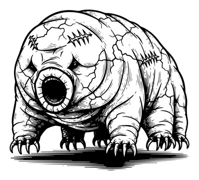 Microscopic tardigrade water bear organism in detailed engraved style, scientific illustration of extremophile biological life