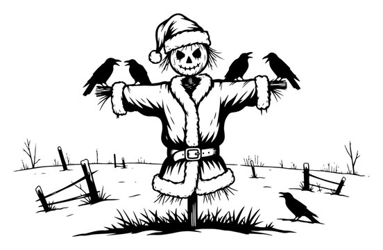 Eerie pumpkin-headed scarecrow in Santa costume, gothic holiday horror concept with ravens in a winter landscape