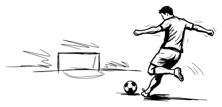 Professional soccer player shooting towards goal, dynamic hand-drawn striker action for athletic and sport branding